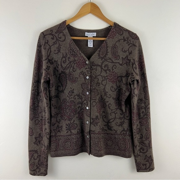 Vintage Sweaters - Lambswool Angora Hair Floral Paisley Natural Tones Button Down Cardigan Sweater